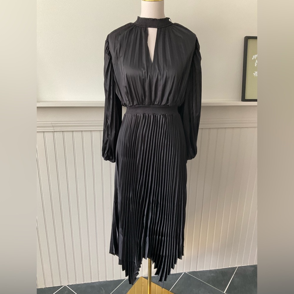 Petal & Pup Black Pleated Maxi Dress Size 6 High Neck Cutout Handkerchief Hem